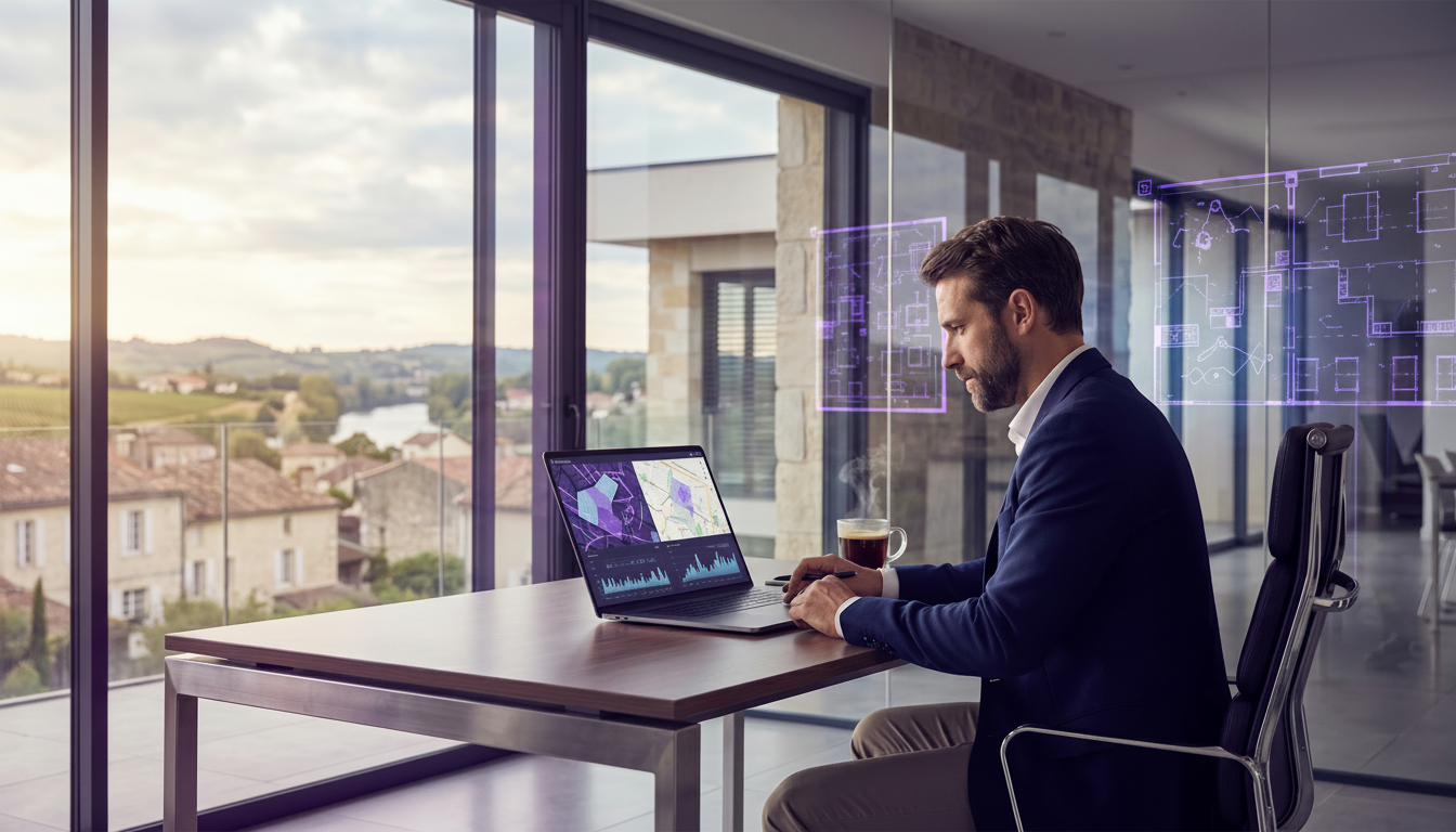 Conseiller immobilier assis à son bureau devant un ordinateur portable, analysant des graphiques et 
