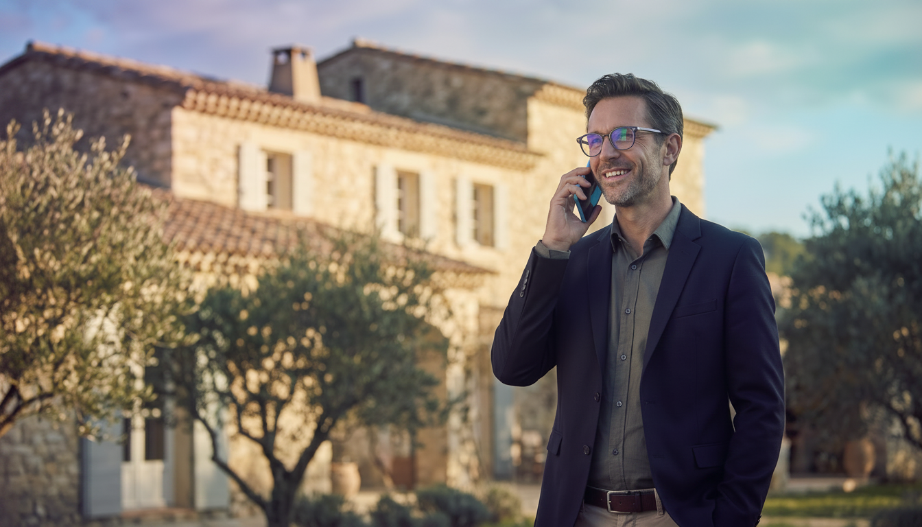 Conseiller immobilier souriant en extérieur devant une maison de style provençal, tenant un smartpho
