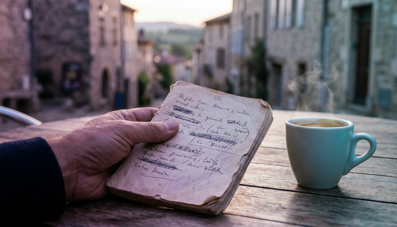 Gros plan sur une main d'homme tenant un carnet de notes papier usé et raturé, posé sur une table de