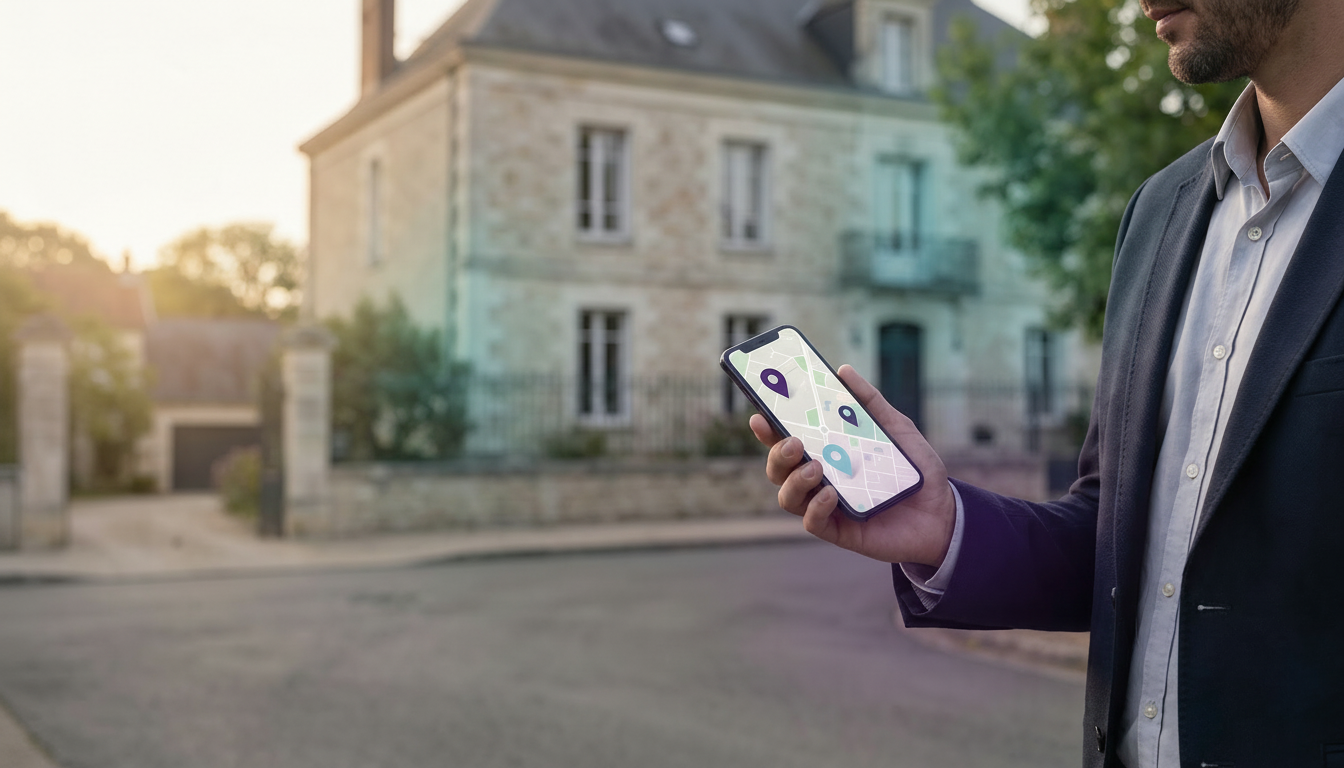 Conseiller immobilier sur le terrain, en tenue professionnelle décontractée, tenant un smartphone qu