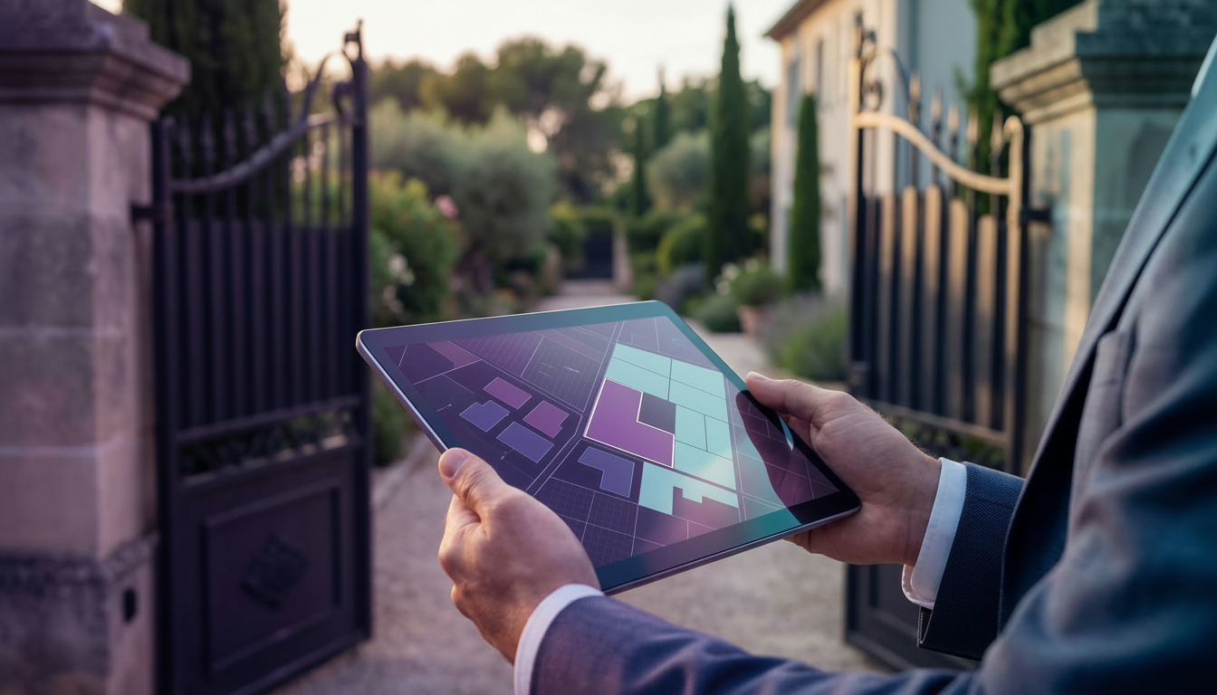 Vue rapprochée des mains d'un conseiller immobilier tenant une tablette numérique montrant une inter