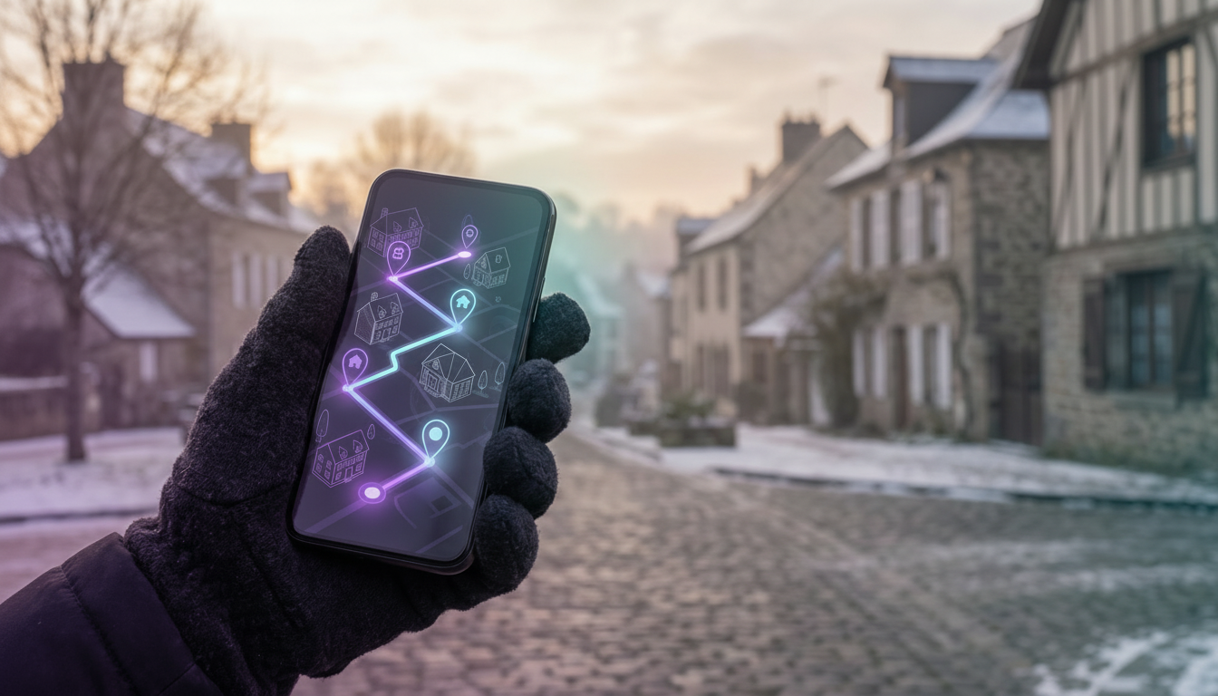 Carte interactive sur smartphone tenue par une main gantée en hiver, montrant un itinéraire optimisé