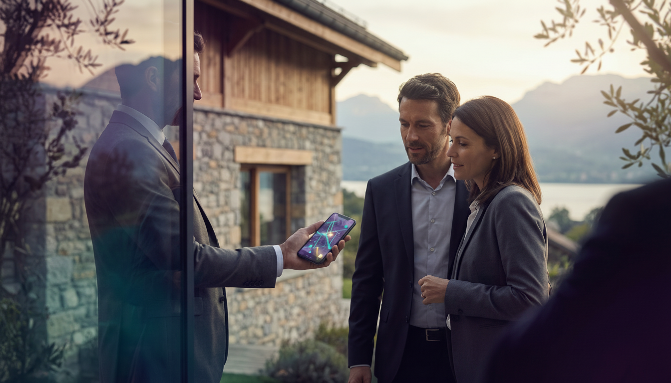 Agent immobilier montrant l'écran de son smartphone à un couple de propriétaires devant leur pavillo