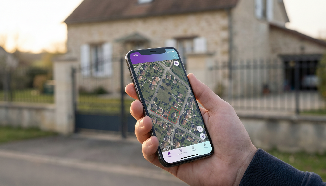 Plan rapproché d'un smartphone tenu par une main d'homme en extérieur, affichant une application de 