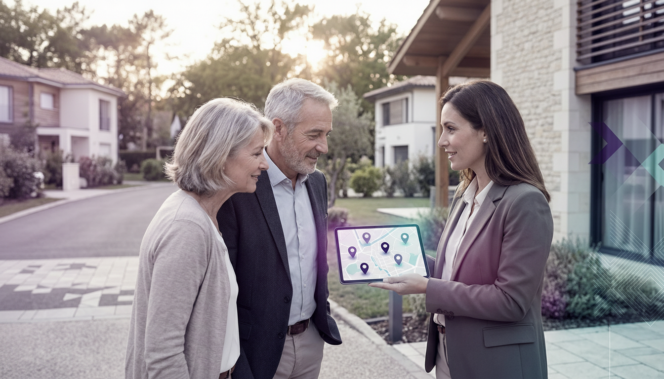 Conseillère immobilière debout dans une rue résidentielle calme, montrant l'écran de sa tablette à u