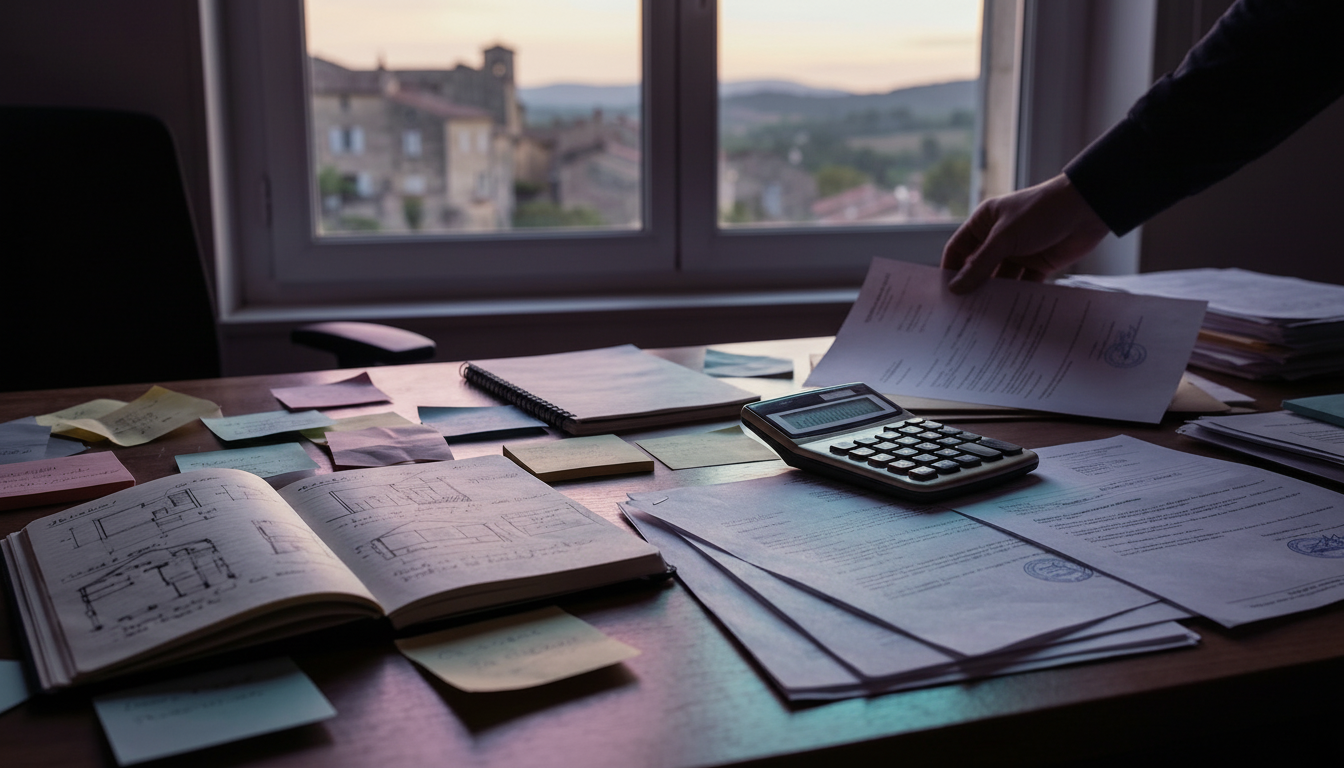 Gros plan sur un bureau d'agent immobilier désordonné, envahi de post-its, de carnets ouverts et de 