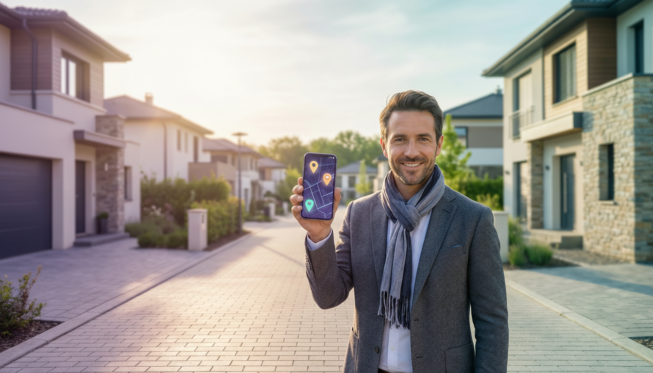 Un conseiller immobilier moderne en tenue décontractée chic, utilisant un smartphone dans une rue ré
