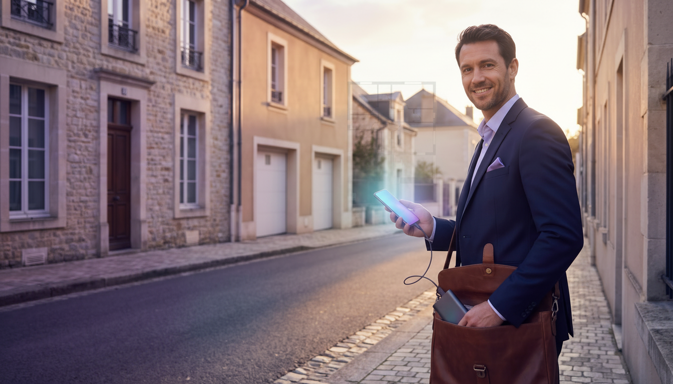 Un conseiller immobilier souriant en tenue professionnelle dans une rue pavillonnaire ensoleillée, t