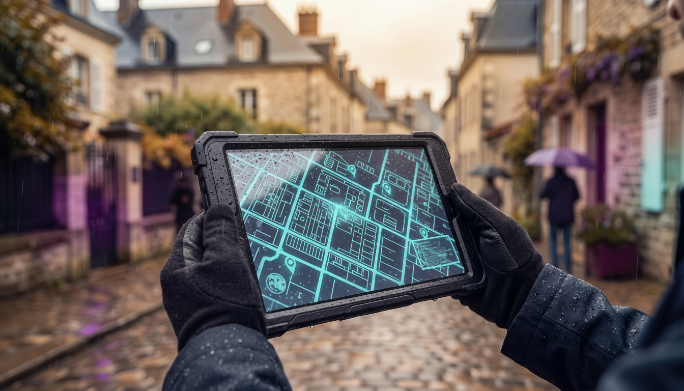 Vue rapprochée des mains d'un conseiller immobilier tenant une tablette tactile protégée par une coq