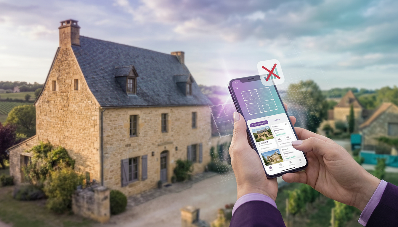 Conseiller immobilier utilisant son smartphone devant une maison en pierre dans un village rural fra