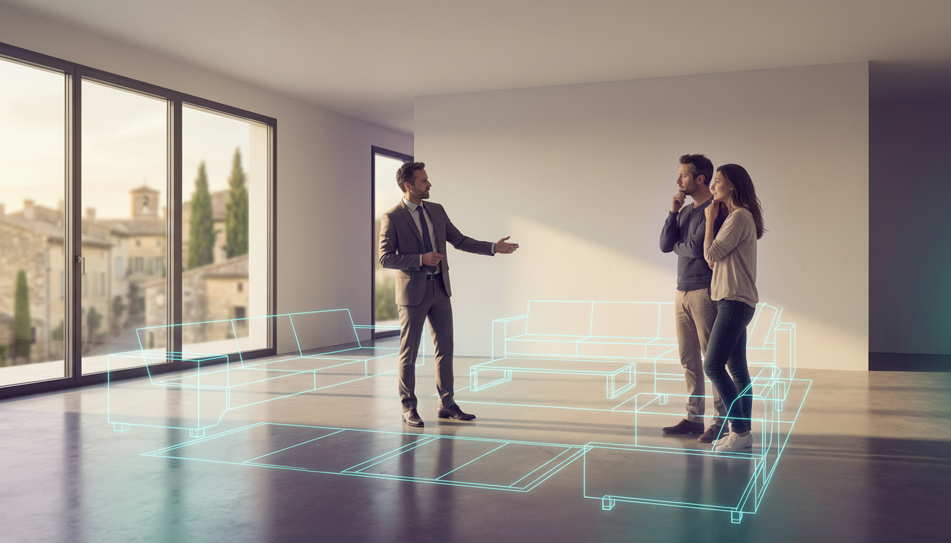 Intérieur d'un salon lumineux et vide dans une maison contemporaine française. Un conseiller immobil