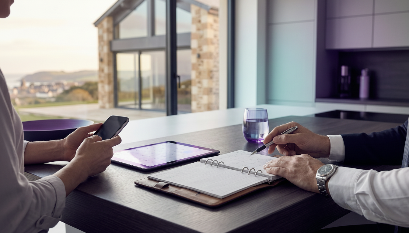 Gros plan sur les mains d'un agent immobilier et d'un client au-dessus d'un agenda ou d'un calendrie