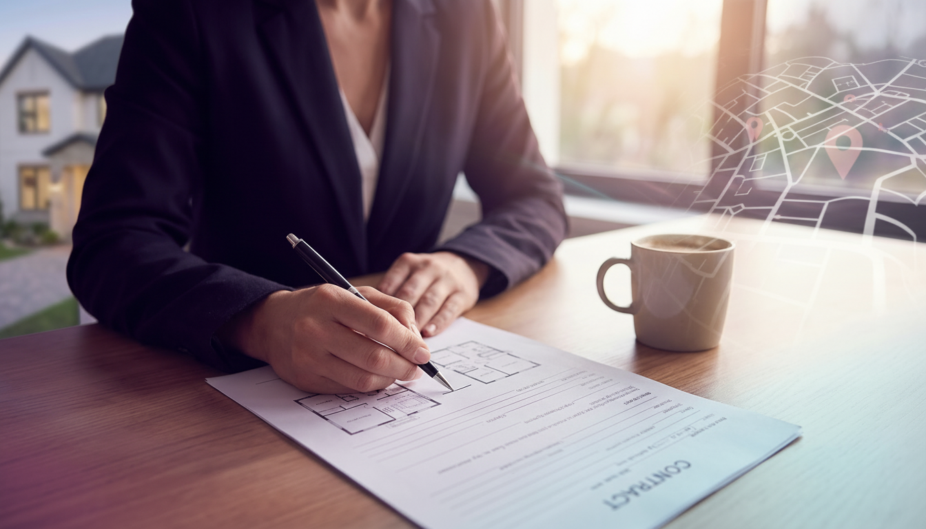 Gros plan sur les mains d'un conseiller immobilier tenant un stylo et soulignant des lignes importan