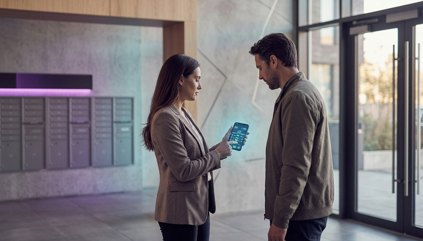 Conseillère immobilière debout dans le hall d'un immeuble moderne, montrant l'écran de son smartphon