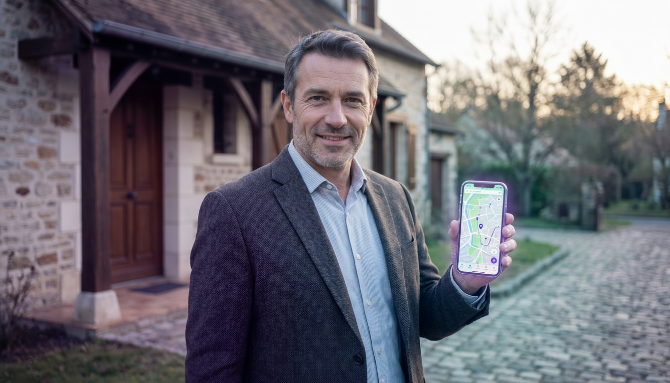 Conseiller immobilier confiant et souriant devant une porte d'entrée d'une maison pavillonnire, rega