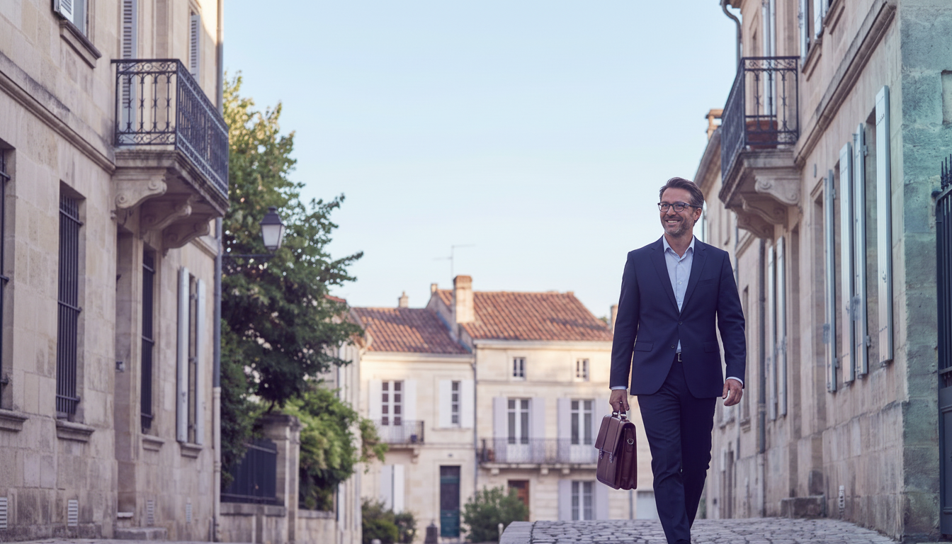 Homme d'affaires souriant et détendu marchant dans une rue résidentielle de province française, avec