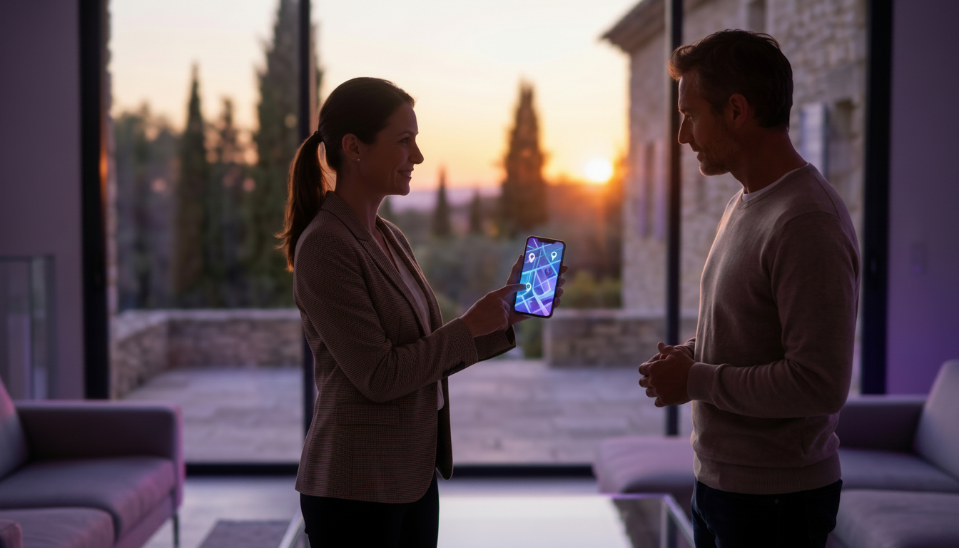 Conseillère immobilière souriante montrant l'écran de son smartphone avec une carte interactive à un