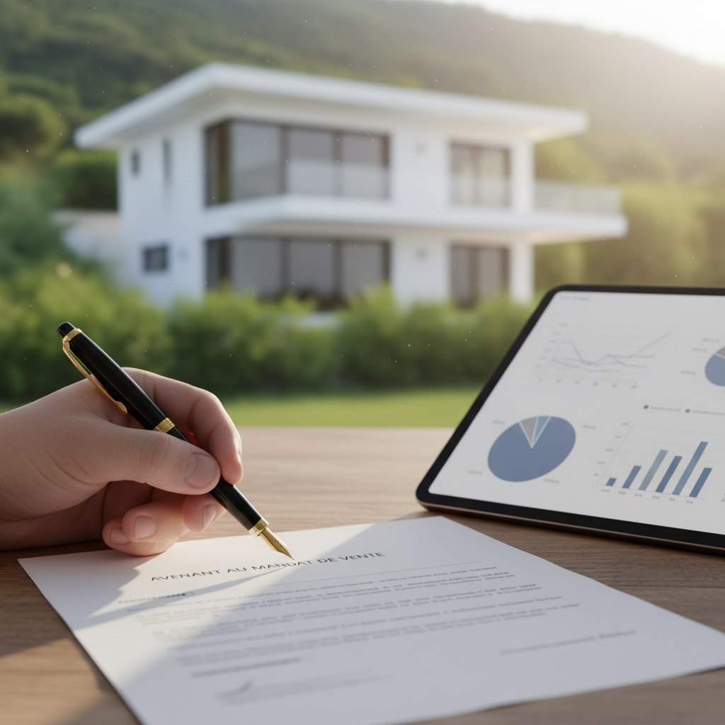 Document d'avenant de mandat de vente posé sur une table en chêne avec un stylo plume élégant, à côt