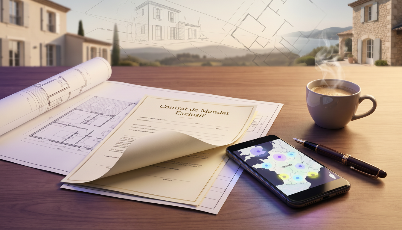 Vue de dessus d'un bureau avec des plans d'architecte, un contrat de mandat exclusif, un stylo plume