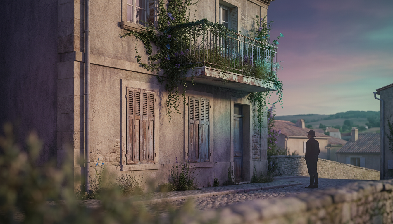 Vue extérieure d'un petit immeuble ancien en France, style années 70, avec des volets en bois fermés