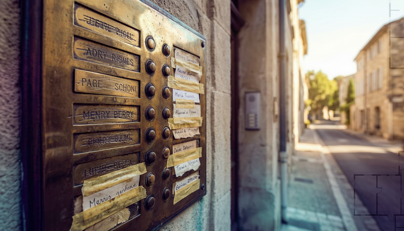 Gros plan sur un panneau d'interphone ancien en laiton terni à l'entrée d'un immeuble. Plusieurs nom