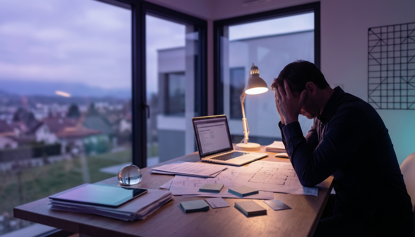 Un bureau en désordre le soir, éclairé par une lampe de bureau. Un homme fatigué se tient la tête da