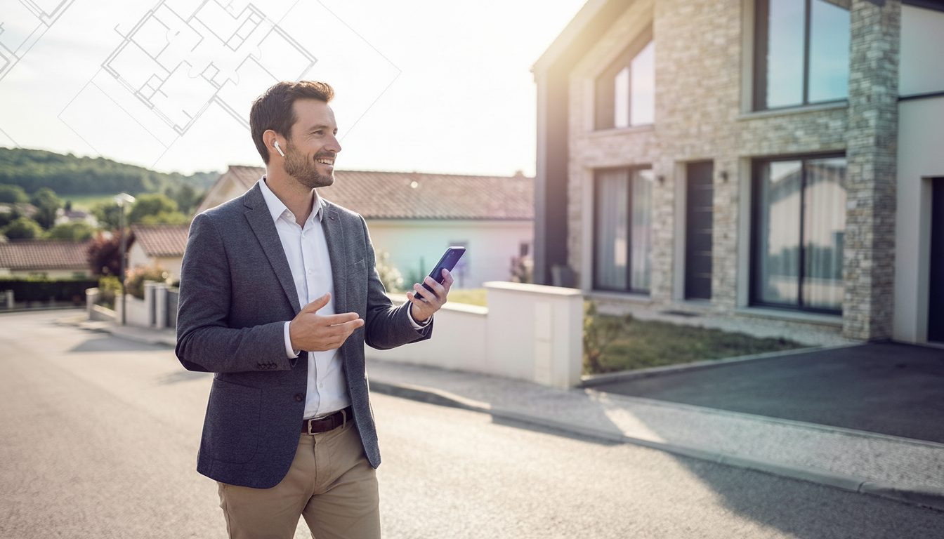 Un conseiller immobilier souriant en tenue décontractée chic, debout dans une rue résidentielle enso