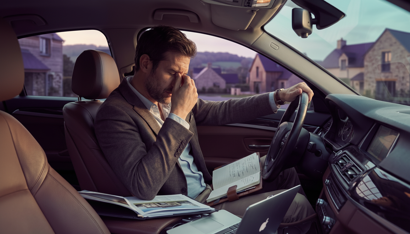 Un conseiller immobilier assis dans sa voiture, l'air épuisé, essayant de déchiffrer des notes manus