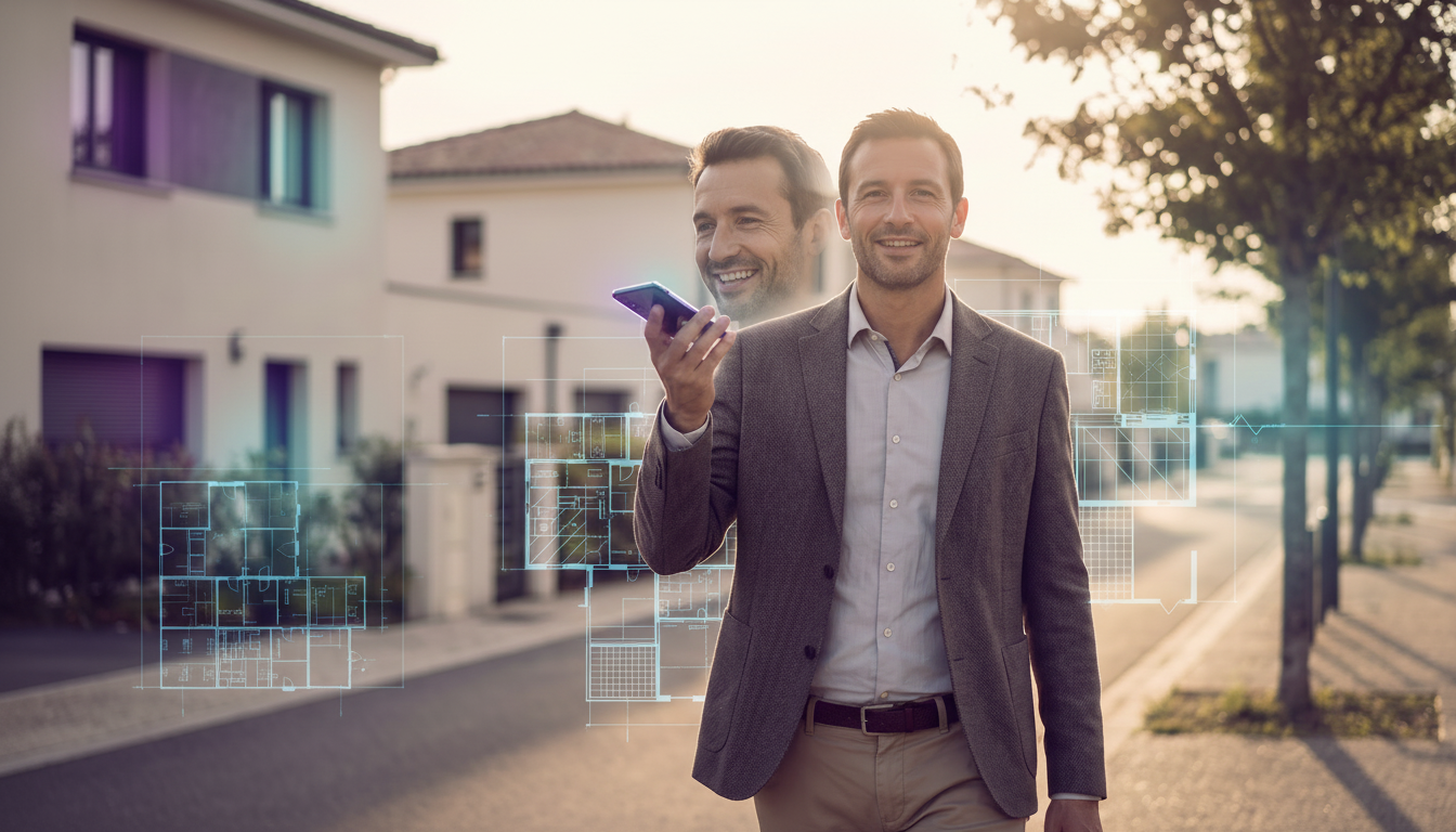 Un conseiller immobilier souriant marchant sur le trottoir d'une zone pavillonnaire ensoleillée, par
