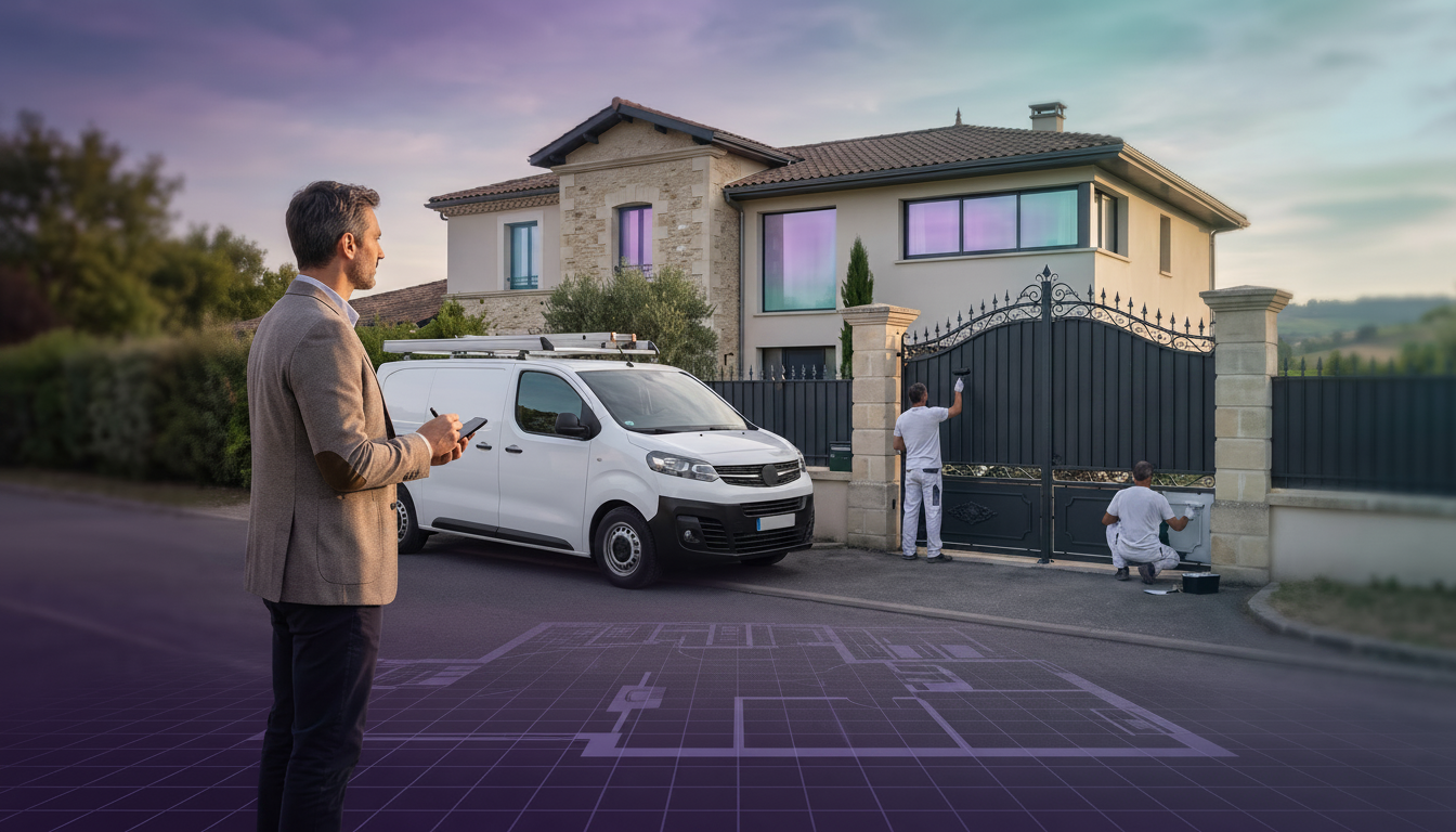 Conseiller immobilier observant attentivement une maison de banlieue française avec une camionnette