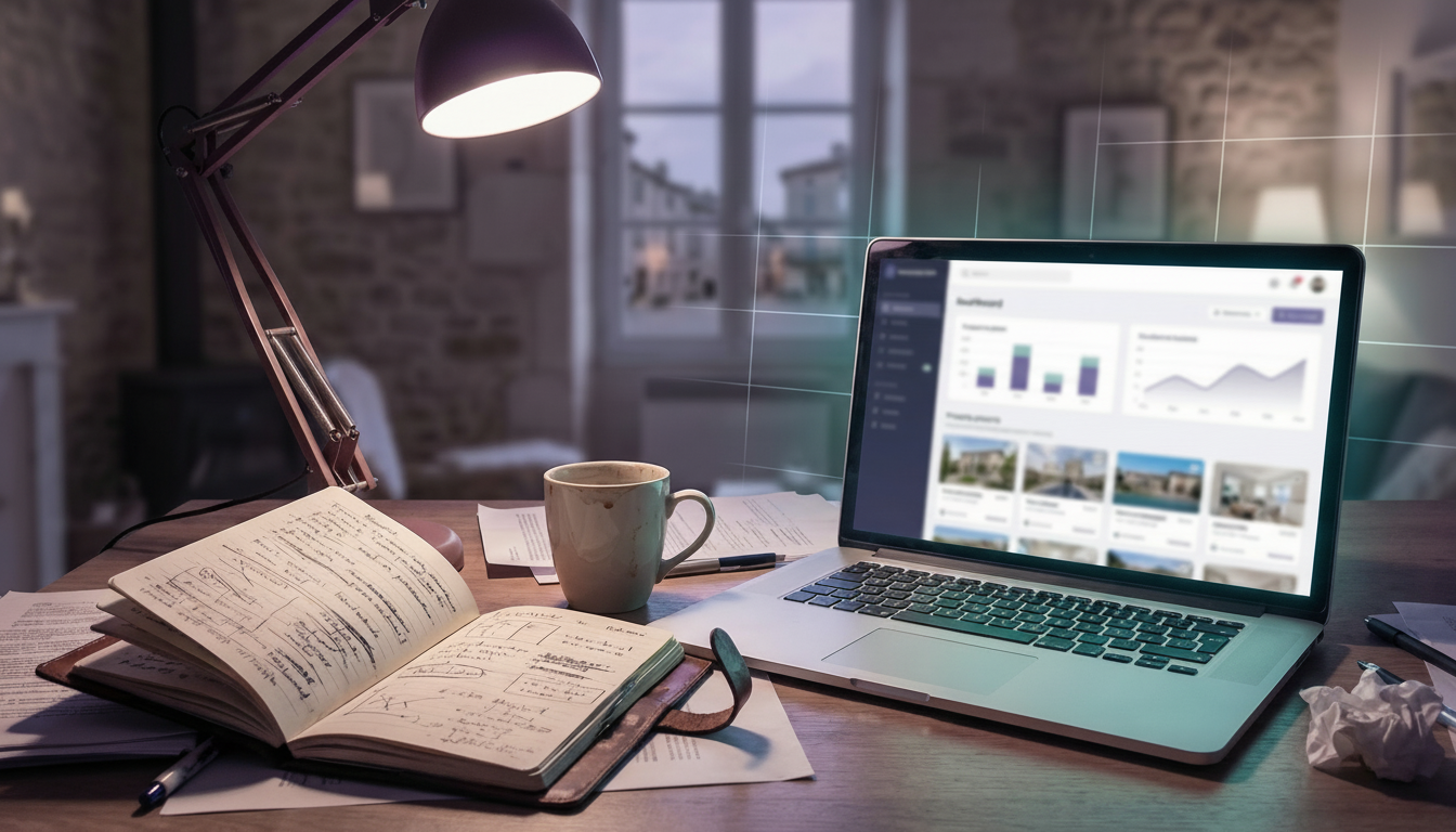 Plan rapproché sur un bureau en désordre tard le soir, éclairé par une lampe de bureau. On y voit un