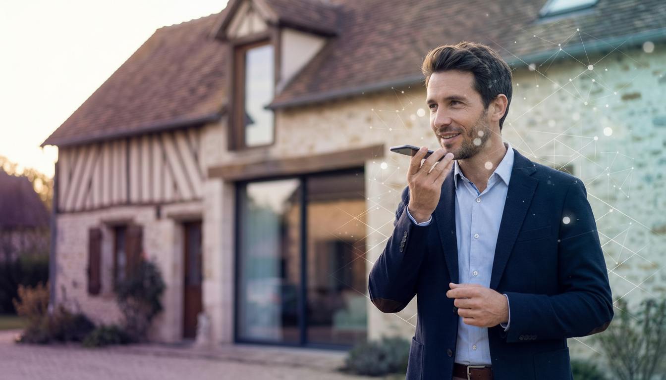 Un conseiller immobilier trentenaire, dynamique, debout devant une maison individuelle en province f