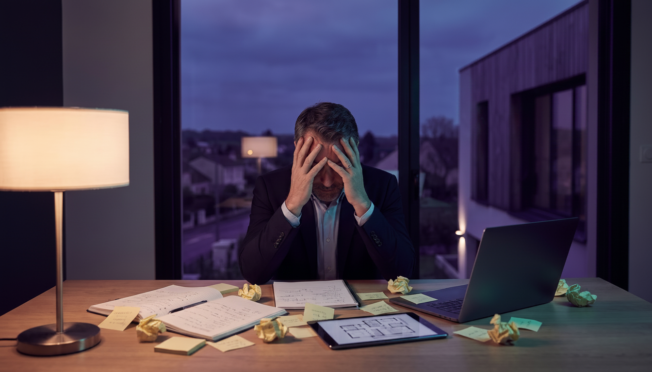 Conseiller immobilier frustré assis à son bureau tard le soir, entouré de carnets de notes raturés e