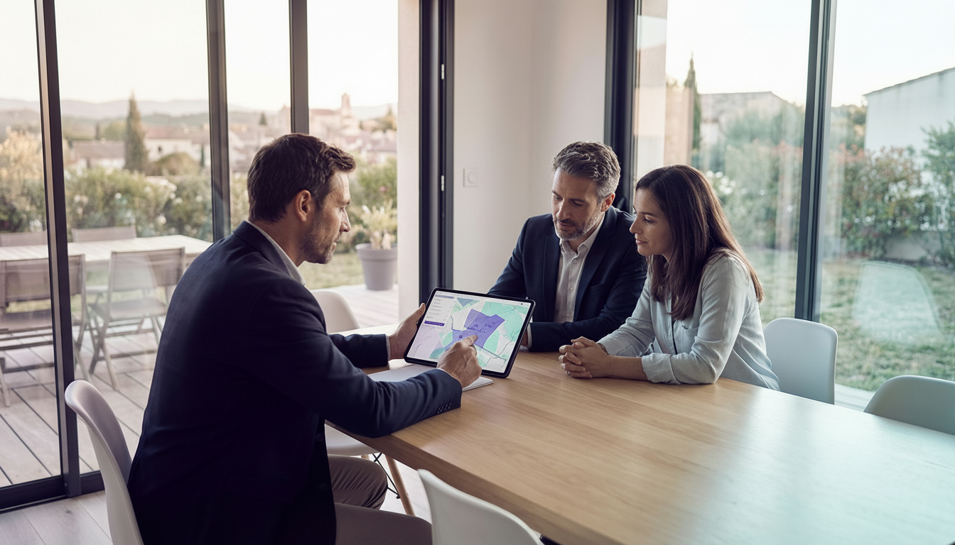 Conseiller immobilier professionnel assis à une table de salle à manger lumineuse avec des clients v