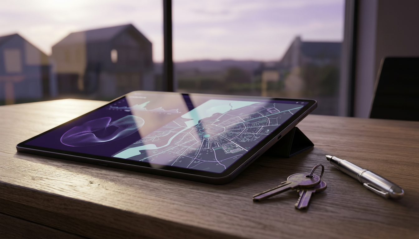 Vue en gros plan et en angle d'une tablette affichant des graphiques cartographiques abstraits et un