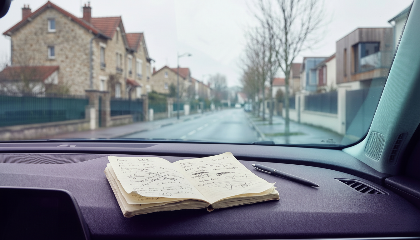 Carnet de notes papier avec des écritures raturées et illisibles posé sur le tableau de bord d'une v