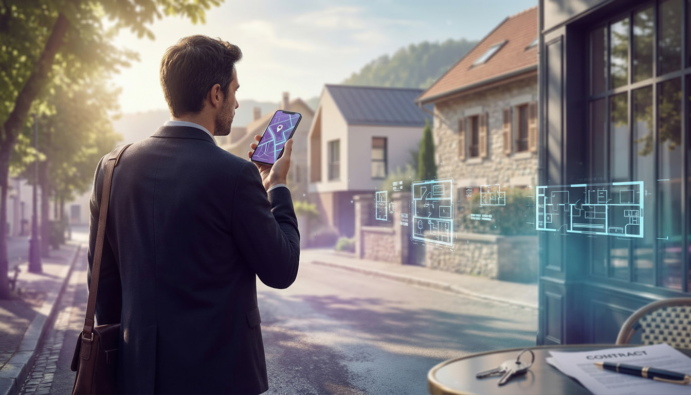 Conseiller immobilier de dos, marchant dans une rue résidentielle ensoleillée, parlant dans son smar