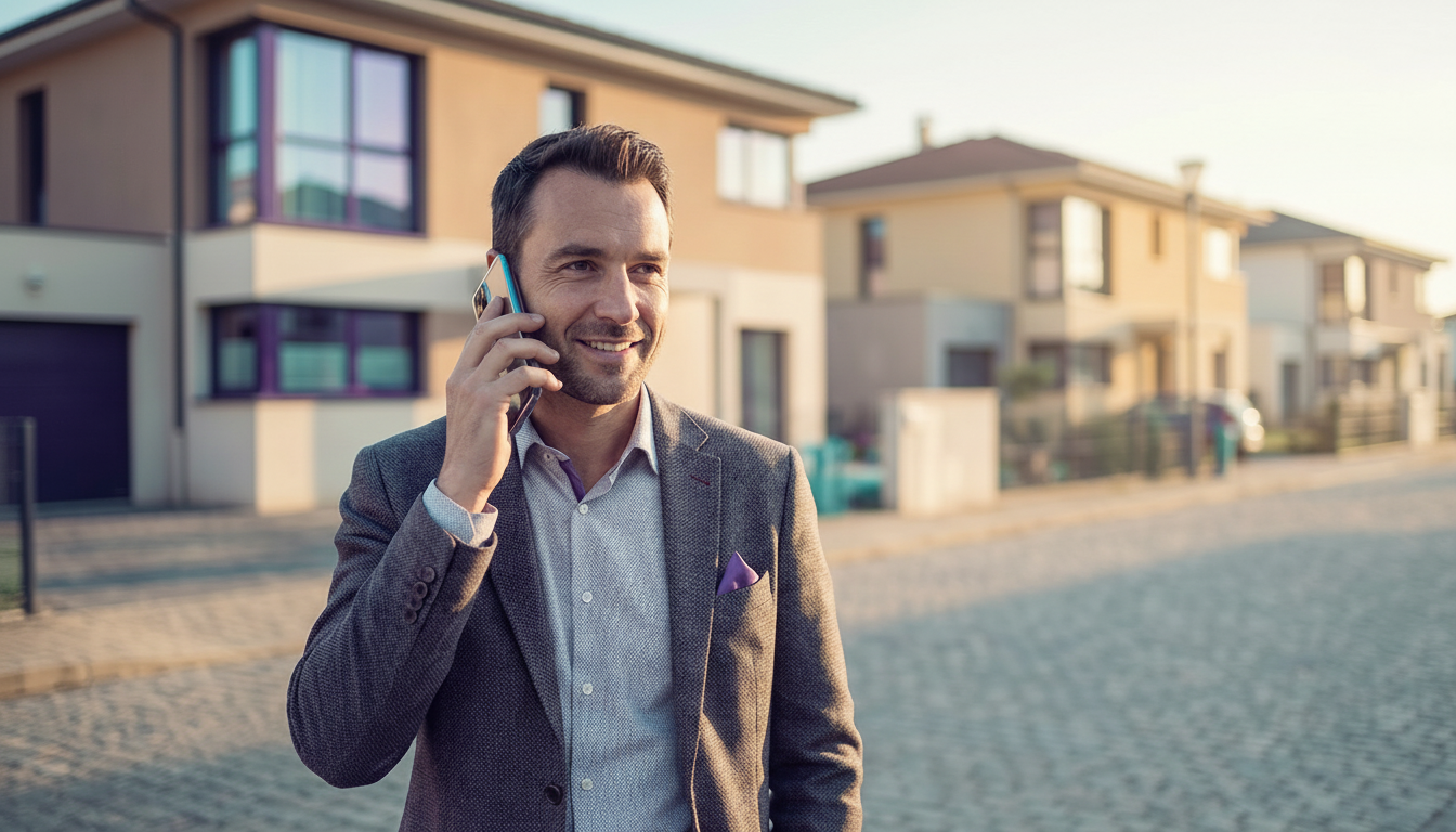 Conseiller immobilier souriant en tenue professionnelle dans une rue pavillonnaire ensoleillée, parl