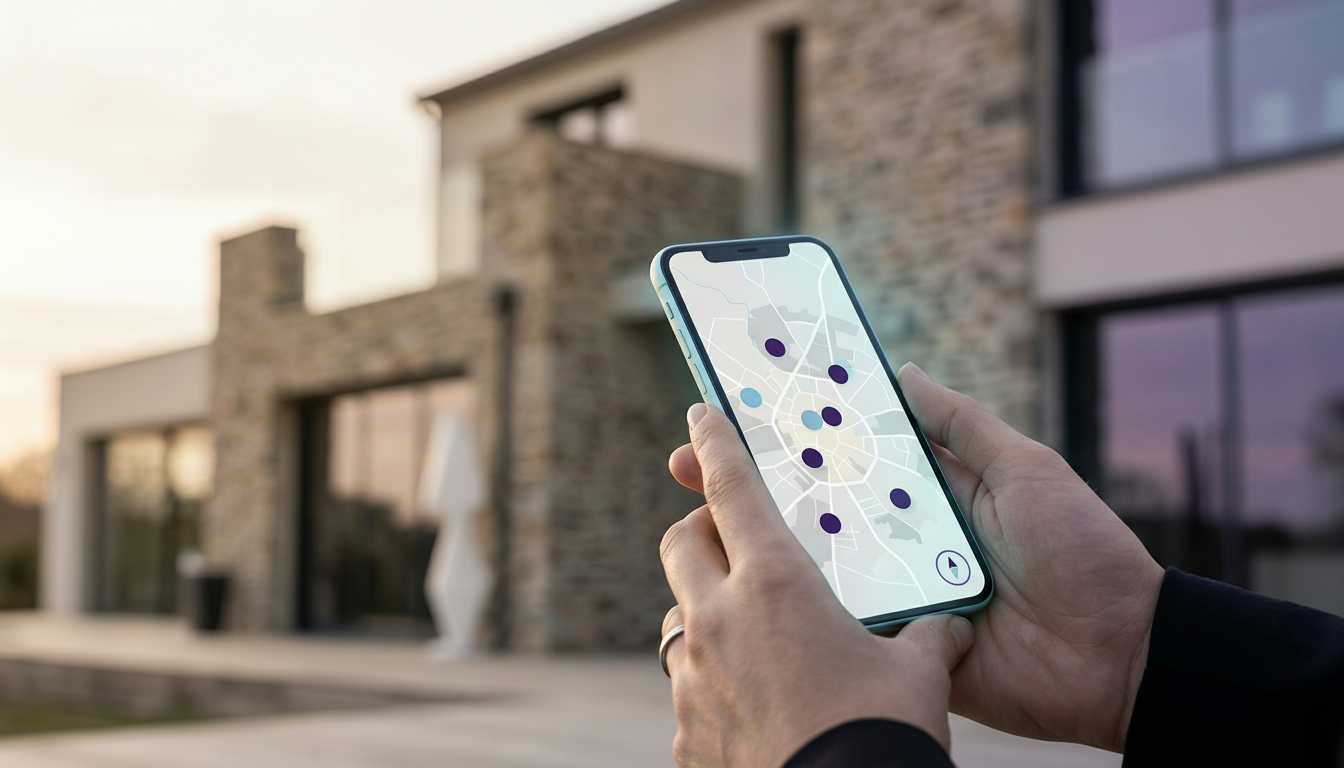 Vue en gros plan sur une application mobile de prospection immobilière affichant une carte interacti