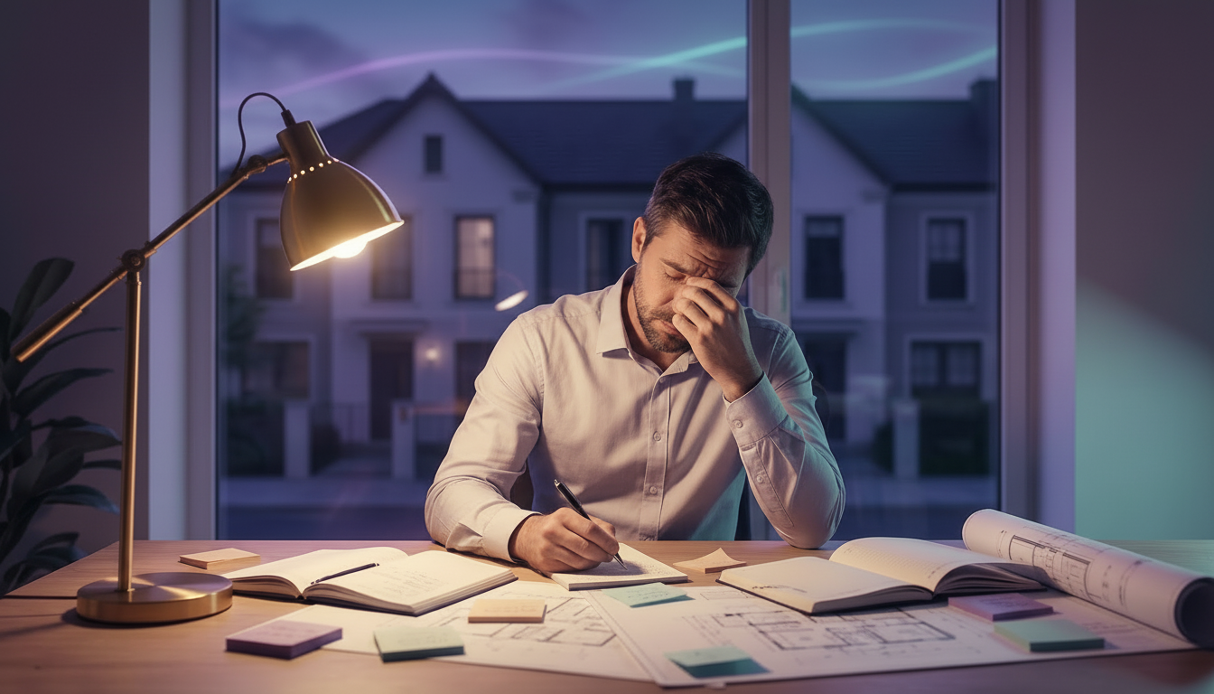 Conseiller immobilier indépendant épuisé, assis à son bureau tard le soir, entouré de post-its et de