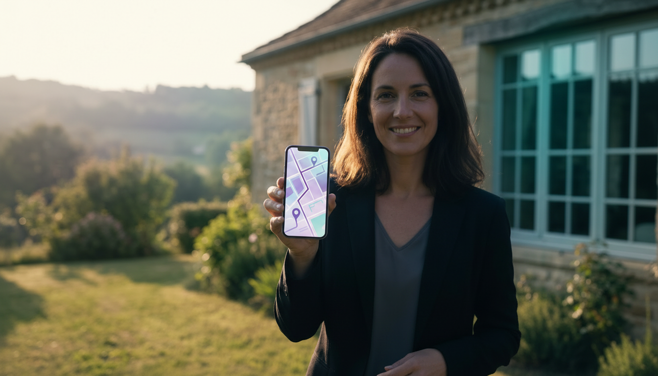 Conseillère immobilière souriante et détendue en extérieur, devant une belle maison de province, uti