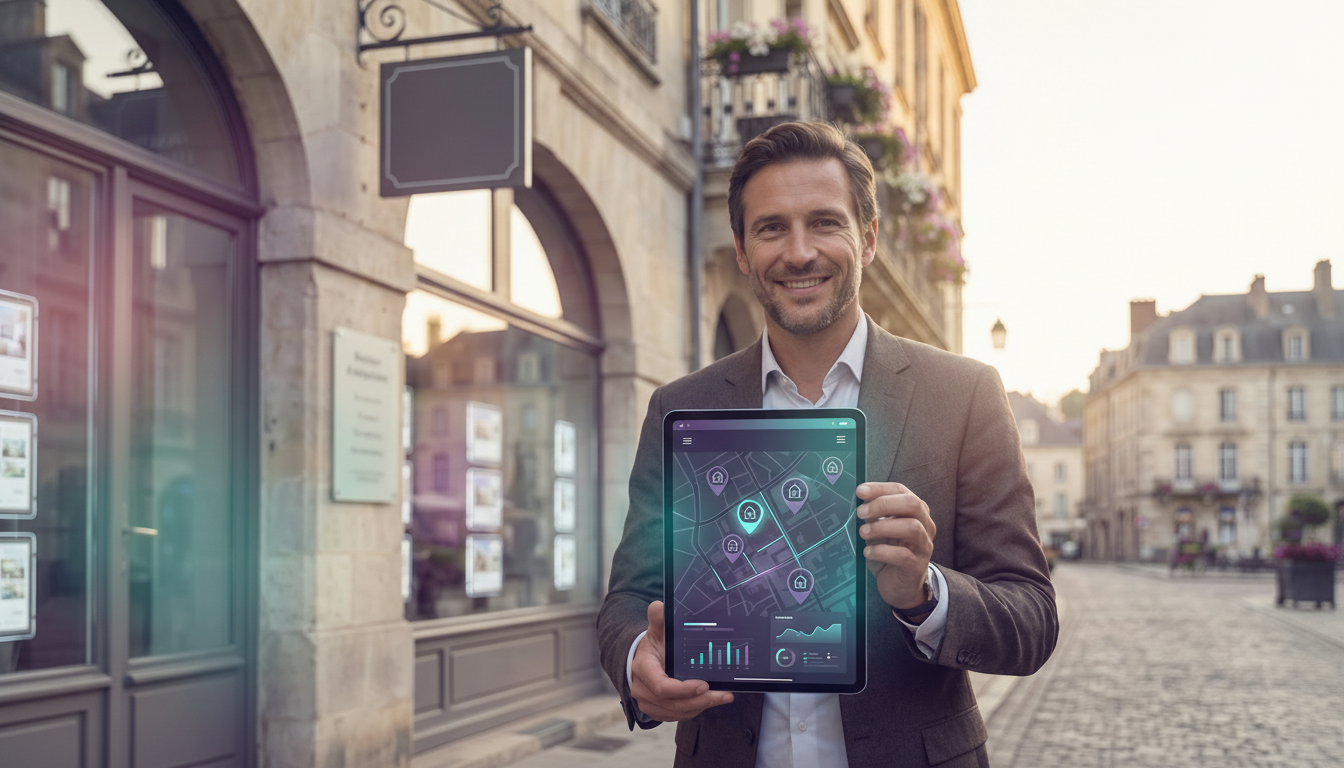 Conseiller immobilier souriant devant une agence immobilière indépendante dans un centre-ville franç