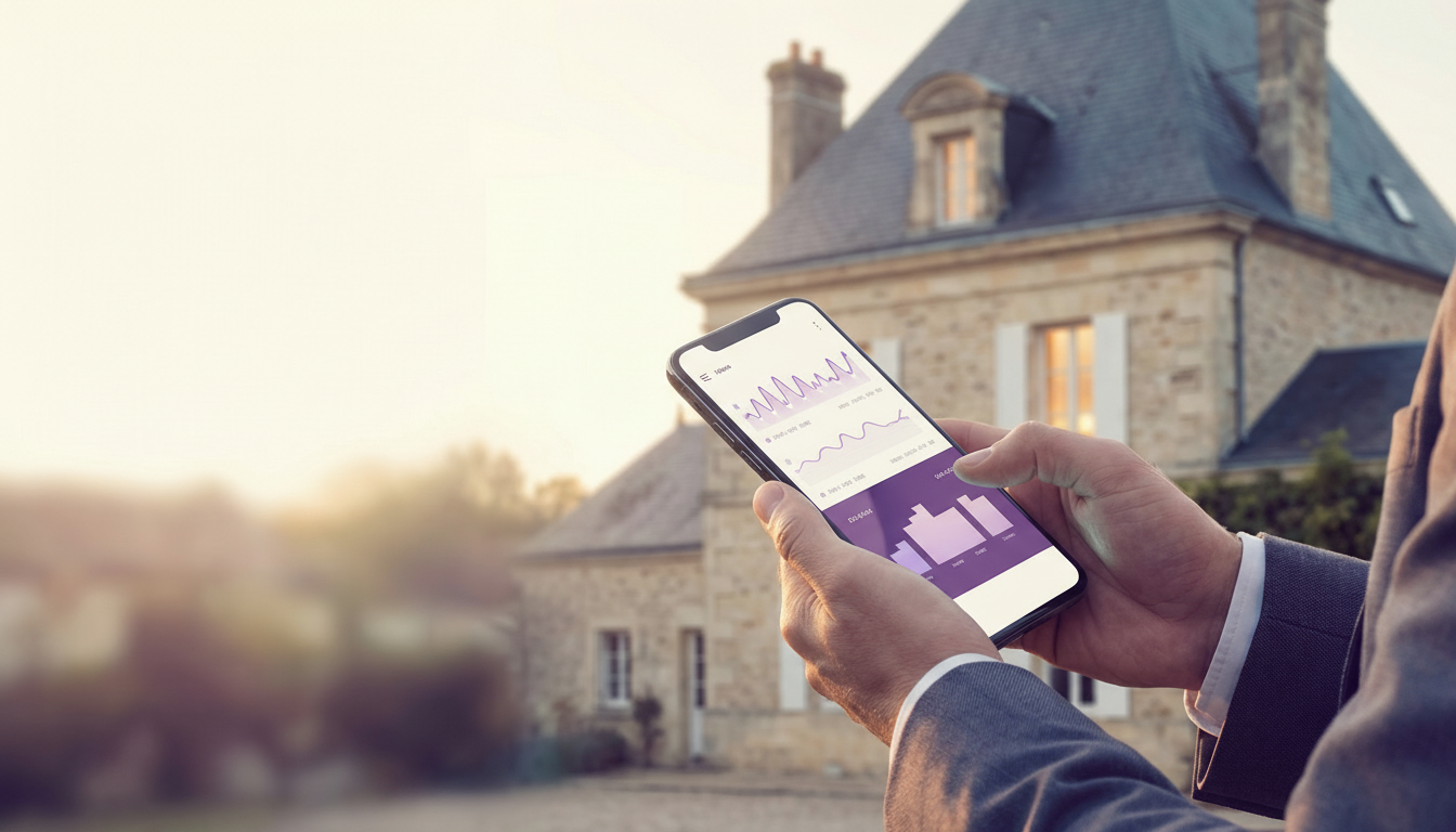 Vue rapprochée des mains d'un conseiller immobilier tenant un smartphone affichant des données de pr