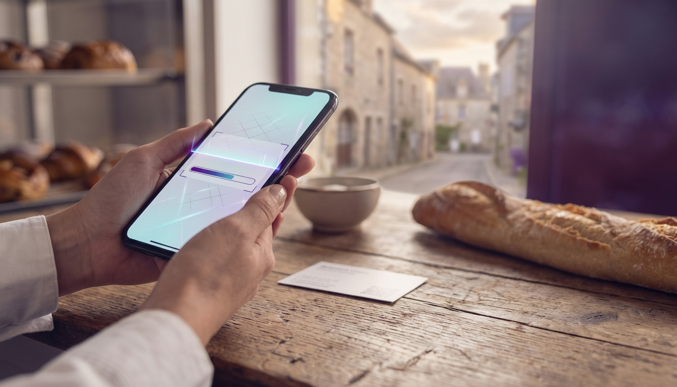 Gros plan sur les mains d'une conseillère immobilière tenant un smartphone. L'écran affiche une appl