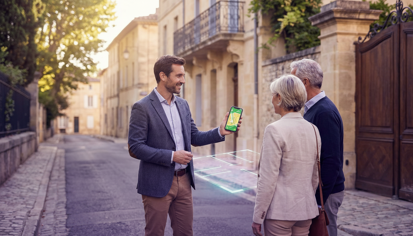 Un conseiller immobilier en tenue décontractée mais professionnelle, debout dans une rue résidentiel