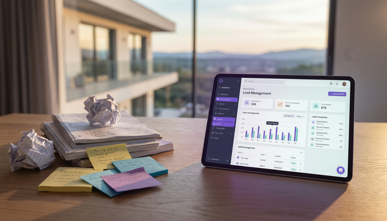 Gros plan sur un bureau en bois moderne. D'un côté, une pile de carnets de notes froissés et des pos