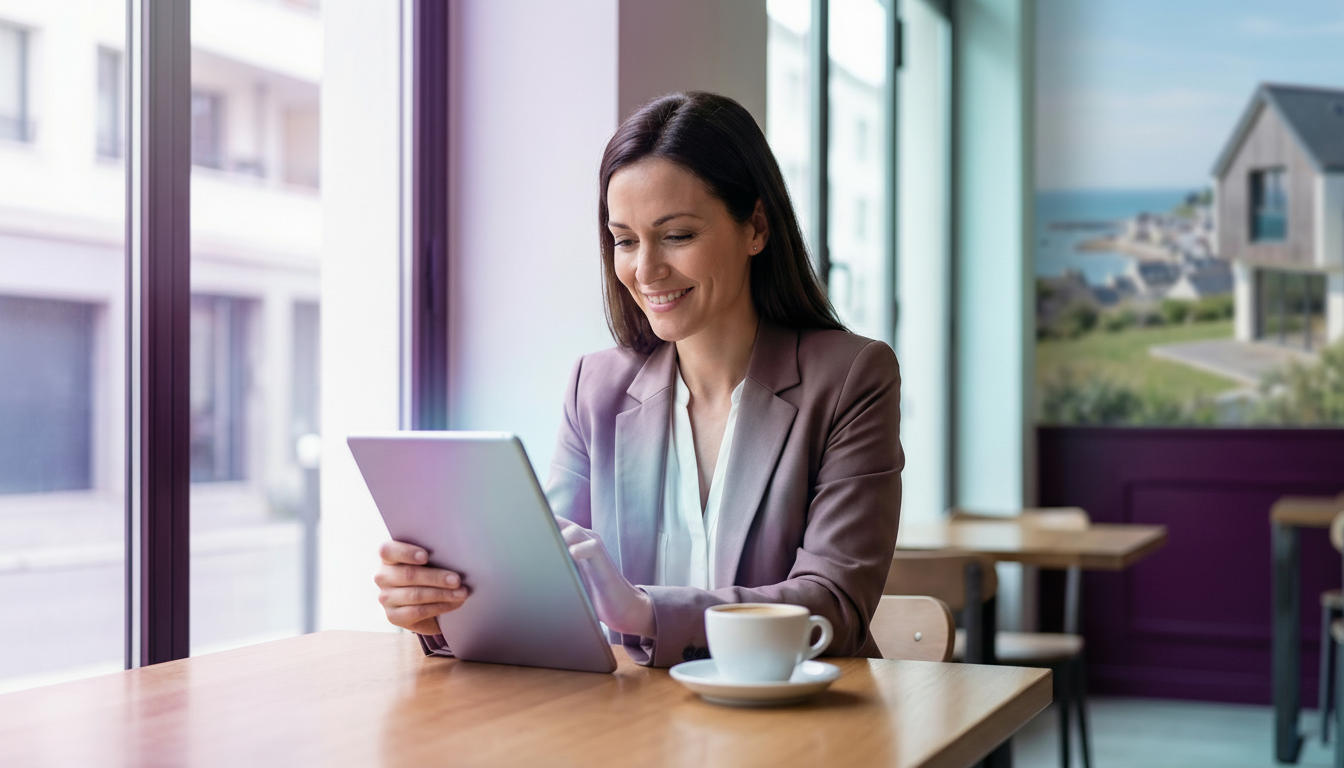 Plan moyen d'une femme conseillère immobilier assise à la table d'un café parisien moderne avec un c