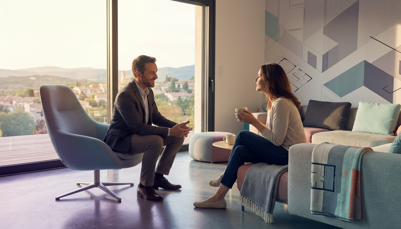 Scène lumineuse dans un salon moderne et coloré. Un conseiller immobilier souriant, posture ouverte,