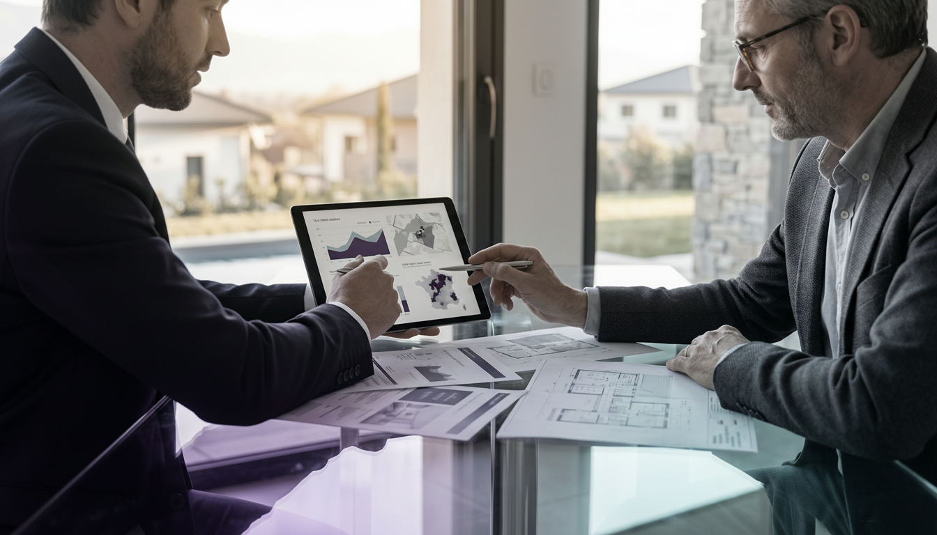 Plan rapproché sur une table en verre où sont posés des documents graphiques et une tablette montran