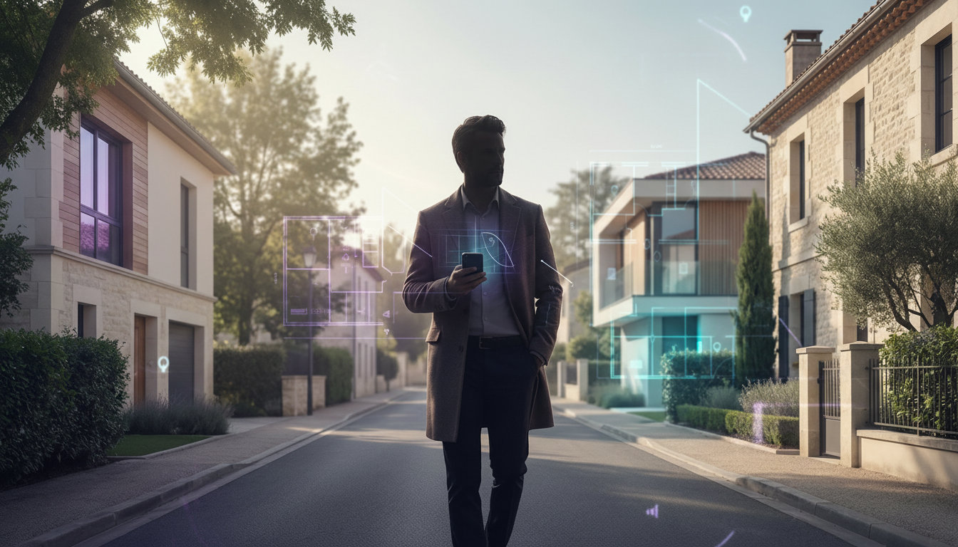 Conseiller immobilier dynamique marchant dans une rue résidentielle française typique avec des maiso